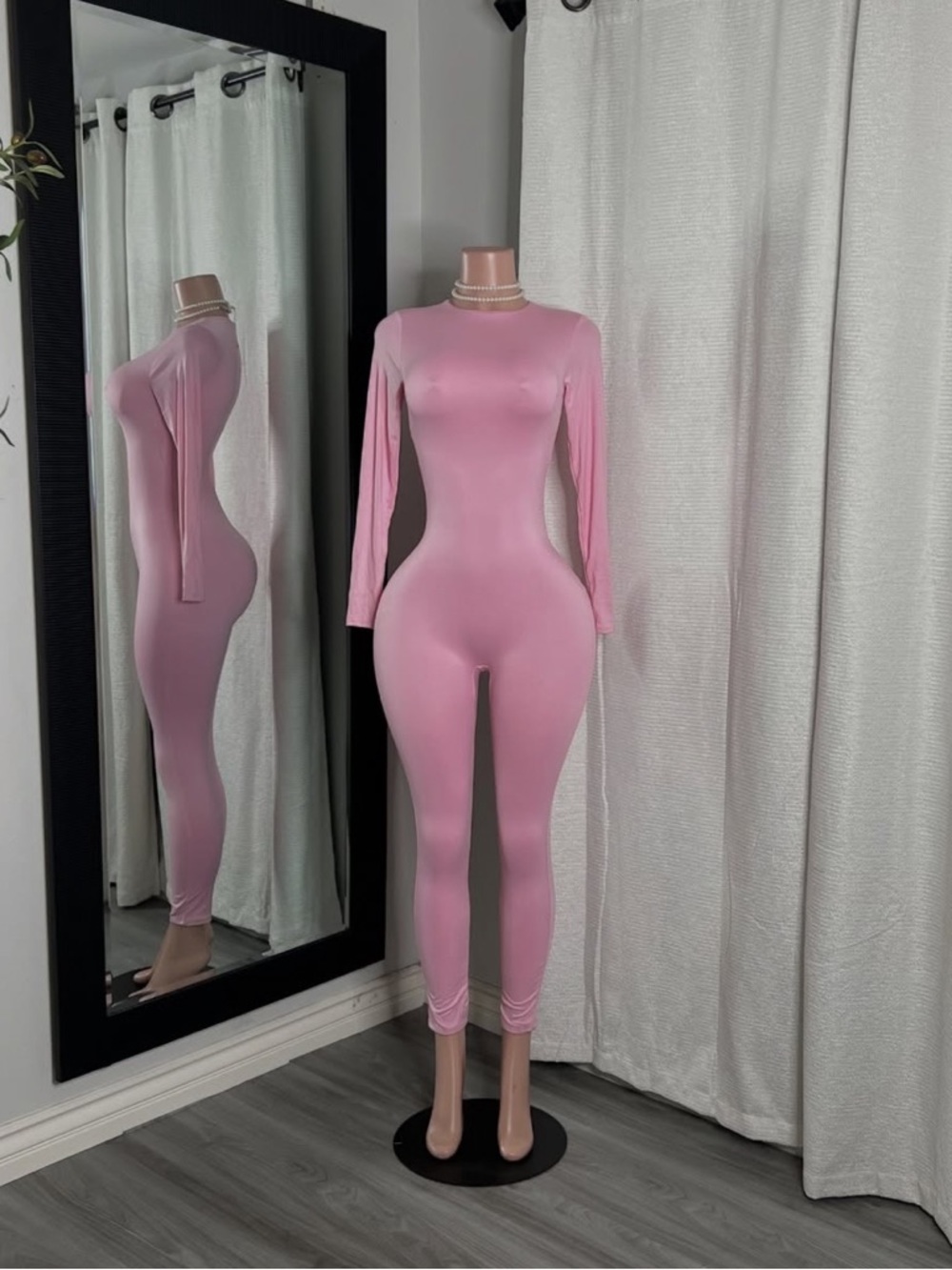 Pink Long-Sleeve Stretch Jumpsuit